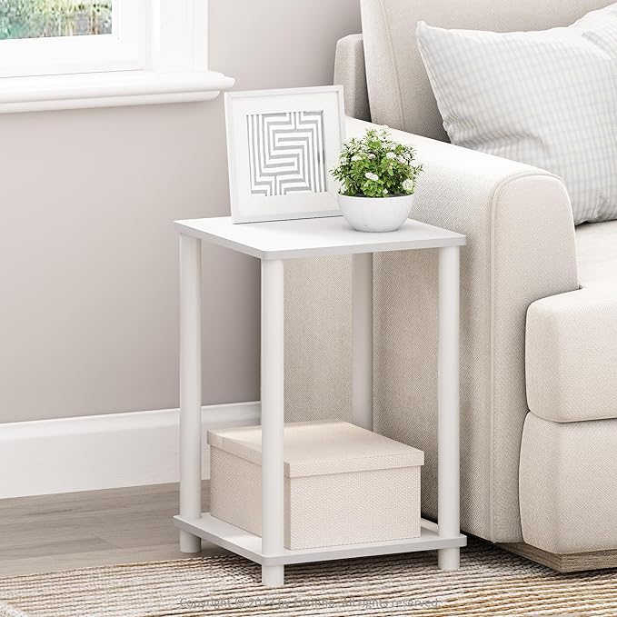 Furinno Turn-N-Tube Side Table, 2-Tier End Table with Open Shelf, Toolless Night Stand, Bedside Table, for Living Room, Bedroom, White