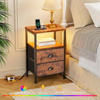 Furologee Nightstands Set of 2 Charging Station, End Tables with LED Lights, Nightstands with 2 Fabric Drawers and Shelves, Bedside Tables for Living Room/Bedroom,Rustic Brown