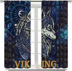 Viking Wolf Curtains Blue Rune Nordic Gothic Animal Curtains Dark Ancient Totem Mythological Pattern Printed Curtains Boys Bedroom Living Room Decoration Blackout Curtains W55 * L63 Inch