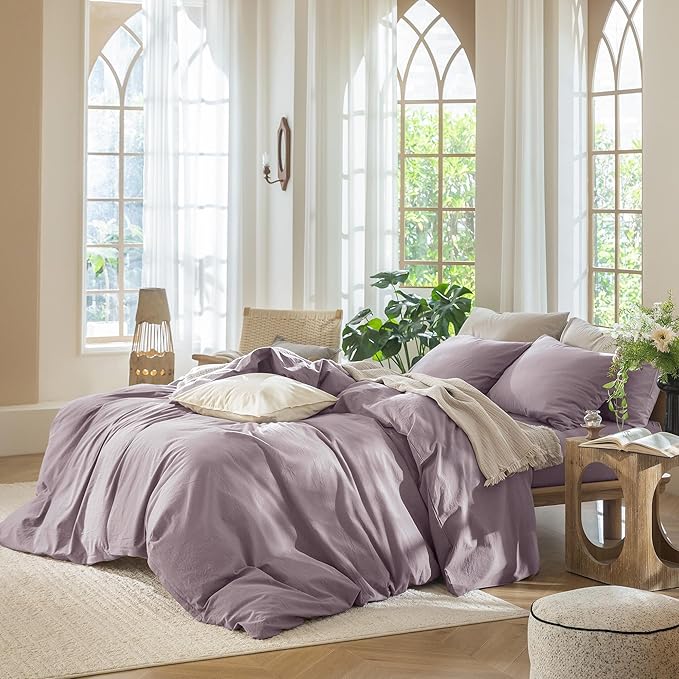 MooMee Bedding Duvet Cover Set 100% Washed Cotton Linen Like Textured Breathable Durable Soft Comfy (Solid Taro Purple, Oversized King Plus 128"x120")