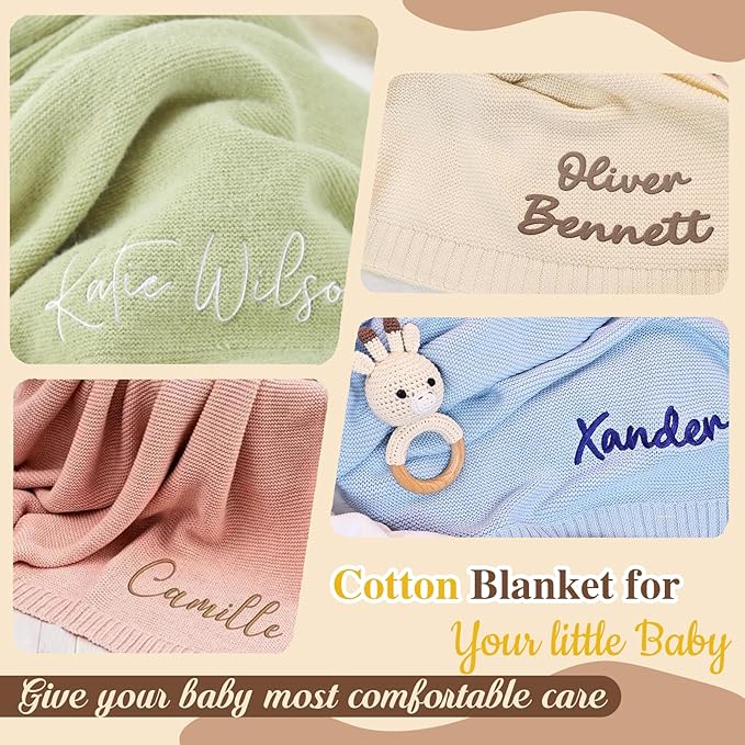 Personalized Embroidered Baby Blanket for Boys/Girls, Cotton Chunky Knit Customized Swaddle with Name, 40 * 30 inches, Handmade Receiving Nursery Blankets, Newborn, Birthday