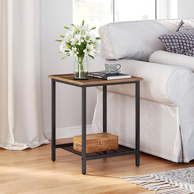 VASAGLE End Table，2-Tier Nightstands Side Table Night Stand Bedside Desk for Small Space in Living Room, Bedroom, , Steel Frame, Easy Assembly, 1 Pack, Chestnut Brown and Black, ULET202B07