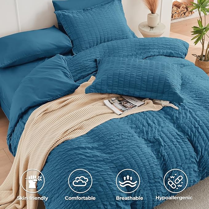 HYMOKEGE Teal King Size Comforter Set Seersucker 7 Pieces, All Season Luxury Bed in a Bag for Bedroom, Bedding Set with Comforters, Sheets, Pillowcases & Shams