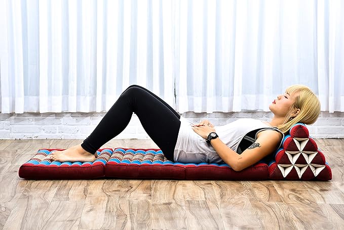 Leewadee - Comfortable Japanese Floor Mattress Used As Thai Floor Bed with Triangle Cushion, Futon Mattress Or Thai Massage Mat, 67 x 21 inches, Blue Red
