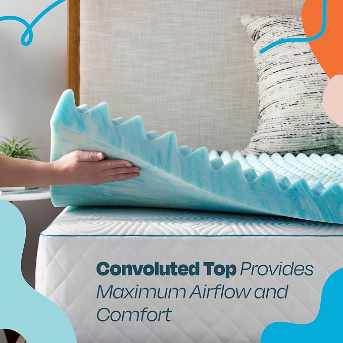 Linenspa 2 Inch Convoluted Gel Swirl Memory Foam Mattress Topper - Promotes Airflow - Relieves Pressure Points - King