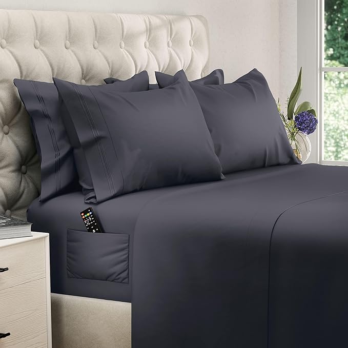 DREAMCARE King Size Sheets Set – 6 pcs Cooling Bed Sheets – up to 15” Deep Pocket King Sheet Set – 2500 Supreme Collection – Extra Soft 100% Brushed Microfiber Hotel Luxury with Side Pocket – D Gray