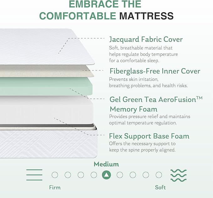 Twin Mattress in a Box, 10 inch Mattresses for Kids Bed Single Size Daybed Individual Bunk, Green Tea Memory Foam Medium Firm
