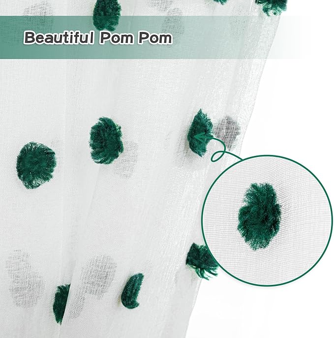 MYSKY HOME Short Christmas Curtains for Small Window - 45 Inch Long Kitchen & Bedroom Sheer Curtains - Hunter Green & White Pom Pom Panels - 2 Sets 52 x 45 Inch
