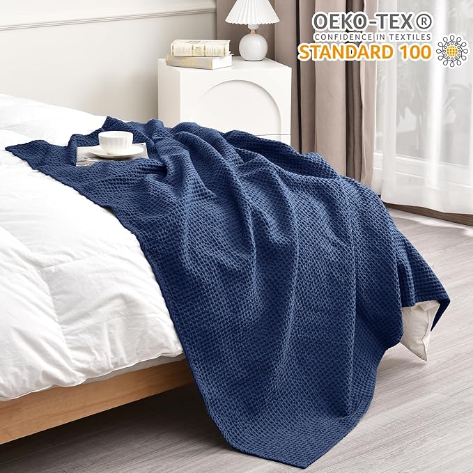 PHF 100% Cotton Waffle Weave Throw Blanket，Pre-Washed Snag Proof Lightweight Breathable Moisture-Wicking Layering in Cold Weather for Couch Bed,Machine Washable,Home Decor Gift-Navy Blue/Bright Blue