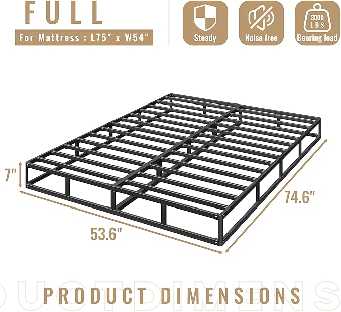 Full Size Box Spring, 7 Inch Low Profile Metal Frame Mattress Foundation, 3000 lbs Heavy Duty Boxspring with Fabric Cover, Easy Assembly, Noise Free, Non-Slip