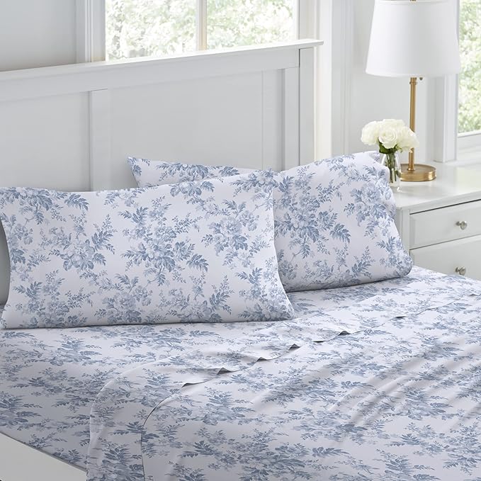 Laura Ashley - Flannel Sheets Full Size, Anti-Pilling & Wrinkle Resistant Cotton, Touchably Soft for All-Season Comfort - Bed Sheets with Matching Pillowcases & Fitted Sheet (Vanessa Blue)