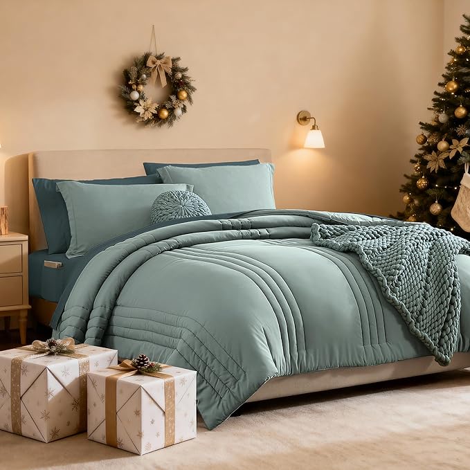 Monbix Queen Comforter Set - 7 Pieces Sage Green Bed in a Bag Queen Bedding Sets with Comforters, All Seasons Comforter Bed Set with Sheets,Pillowcases & Shams