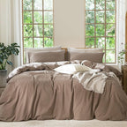 MooMee Bedding Duvet Cover Set 100% Washed Cotton Linen Like Textured Breathable Durable Soft Comfy (Solid Brown, Palatial King/Oversized King 120"x98")