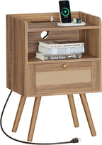SUPERJARE Nightstand with Charging Station & Rattan-Like Decor Drawer, Rattan End Table with Solid Wood Feet, Bed Side Table with Open Storage, for Bedroom, Living Room, Dormitory, Walnut