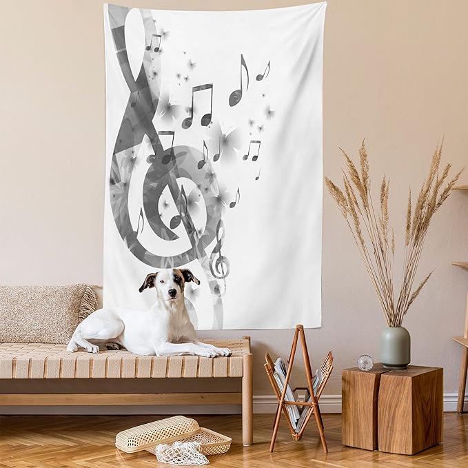 Ambesonne Music Tapestry, Notes with G-Clef Key and Instrument in a Monochrome Style of Creative Rhythmic Ornate Design Art, Wall Hanging for Bedroom Living Room Dorm Decor, 40" X 60", White Silver