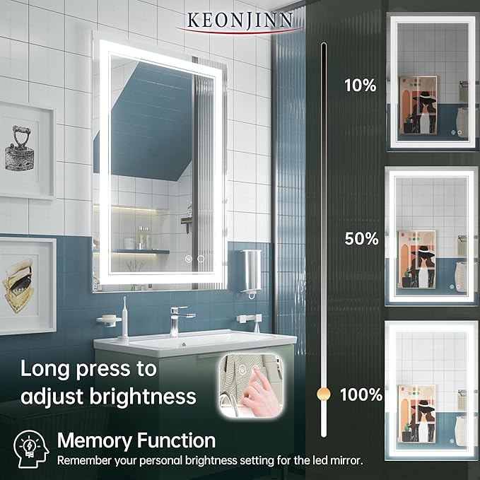Keonjinn LED Mirror for Bathroom, 36 x 24 Inch, Wall Mounted, Dimmable, Anti-Fog, IP54 Waterproof, 3 Year Warranty
