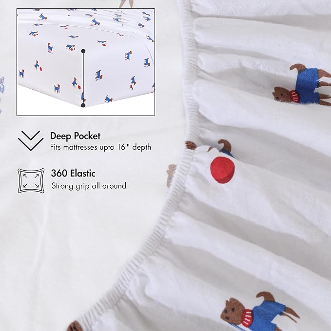 RUVANTI Flannel Sheets Full Size - 100% Cotton Double Brushed Bed Sheets Set, Deep Pockets 16 Inches, All Seasons Breathable & Extra Soft Full Sheets, Warm & Cozy, 4 Piece, Puppy Playoff