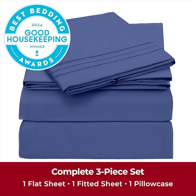 Mellanni Twin Sheets Set - 3 PC Iconic Collection Bedding - Hotel Luxury, Extra Soft, Cooling Bed Sheets - Wrinkle, Fade, Stain Resistant (Twin, Blue Nova)