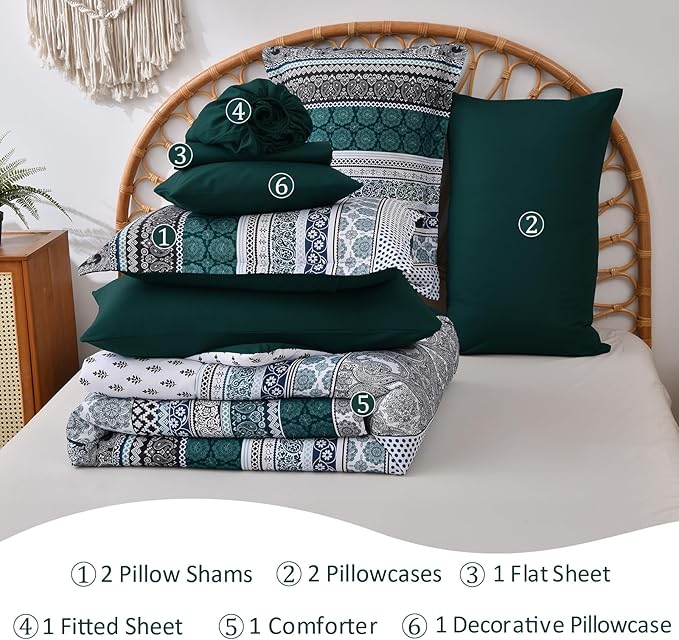 Cottolester Boho Comforter Set Queen Size,8 Pieces Emerald Green Bohemian Striped Bed in a Bag,Paisley Soft Microfiber Bedding Comforter Set