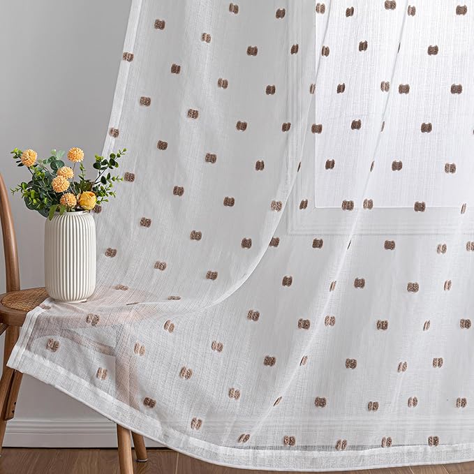 MYSKY HOME White Curtains for Bedroom 72 Inch Length Long Sheer Curtains for Kids Room Nursery Curtains with Taupe Patched Design Rod Pocket Privacy Window Drapes Dining Room 52" x 72" 2 Panels