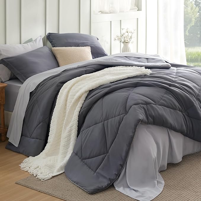 Bedsure Twin Comforter Set - 5 Pieces Reversible Dark Grey Bedding, Twin Size Bed Set for All Seasons, Bed in a Bag with Down Alternative Comforter, Sheets, Pillowcase & Sham