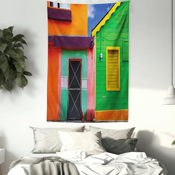 Lunarable Mexican Tapestry Twin Size, Caribbean Houses in Vibrant Color Scheme in Isla Mujeres Mexico Latin America Photo, Wall Hanging Bedspread Bed Cover Wall Decor, Twin Size, Green Pink