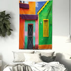 Lunarable Mexican Tapestry Twin Size, Caribbean Houses in Vibrant Color Scheme in Isla Mujeres Mexico Latin America Photo, Wall Hanging Bedspread Bed Cover Wall Decor, Twin Size, Green Pink