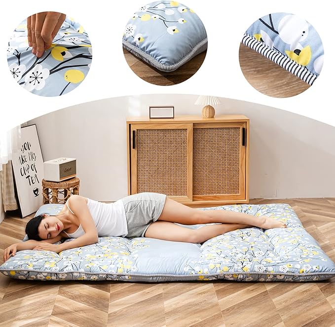 MAXYOYO Little Floal Japanese Futon Floor Mattress, Bed Mattress Topper Portable Thick Sleeping Pad Floor Bed Roll Up Camping Mattress Folding Couch Bed Mattress Pad for Guest Room, Queen Size