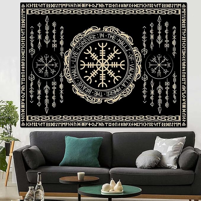 OSUNBD Nordic Vikings Tapestry Small 70x47inches Soft Flannel Vegvsir Symbol Amulet Celtic Rune Scandinavian Aesthetic Mythology Tapestry Wall Hanging for Bedroom Living Room Decor