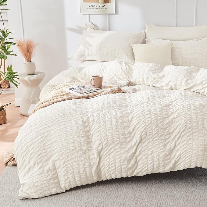 HYMOKEGE Ivory California King Comforter Set Seersucker 7 Pieces, All Season Luxury Bed in a Bag for Bedroom, Bedding Set with Comforters, Sheets, Pillowcases & Shams
