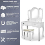 ENSTVER Vintage Vanity Desk with Mirror and Lights, Tri-Folding Mirrors, 6 Organization 7 Drawers Makeup Dress Vanity Table with Cushioned Stool-White