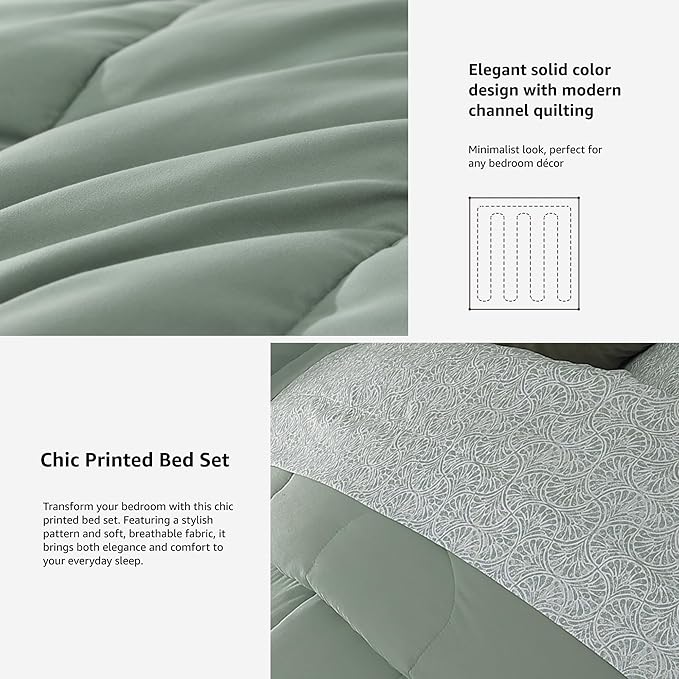 Monbix Full Comforter Set - 7 Pieces Sage Green Bed in a Bag Full Size Track Stitching Bedding Sets, All Seasons Down Alternative Comforter with Sheets,Pillowcases & Shams
