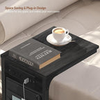 TUTOTAK C Shaped End Table with Charging Station, Side Table for Sofa, Couch Table with Storage Bag, TV Tray Table with 2 USB Ports and Outlets for Living Room, Bedroom, TB01BY024