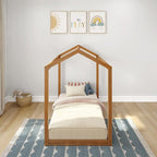 Max & Lily Twin Floor House Bed, Modern Solid Wood Low Bed Frame for Kids, Montessori Floor Bed for Bedroom, Playroom, Wooden Slats, Pecan