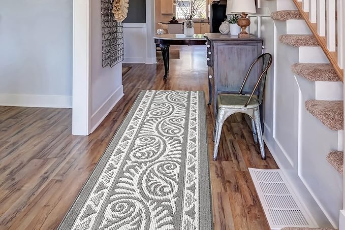 Custom Length Cut to Size Tribal Ethnic Southwestern Inspired Hallway Runner Rug, Non Slip Rubber Backed, 31 inch Wide X Customized Length, Mayan Grey, 31 inch X 6 feet