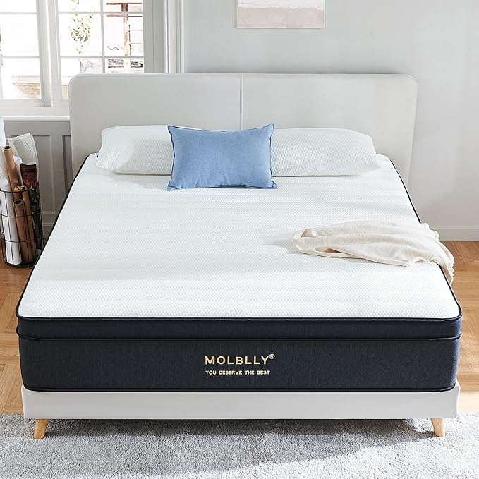 Molblly Hybrid Mattress in a Box with Gel Memory Foam, Individually Wrapped Pocket Coils Innerspring, Pressure-Relieving and Supportive, Non-Fiberglass, Queen Size, 10 Inch