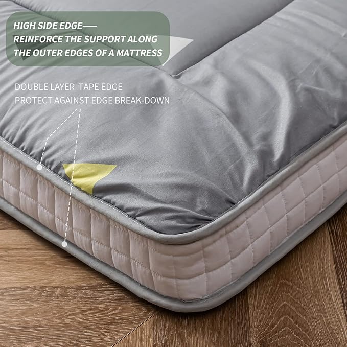 MAXYOYO Grey Triangle Futon Mattress, Japanese Floor Mattress Quilted Bed Mattress Topper, Extra Thick Folding Sleeping Pad Breathable Floor Lounger Guest Bed for Camping, Queen Size