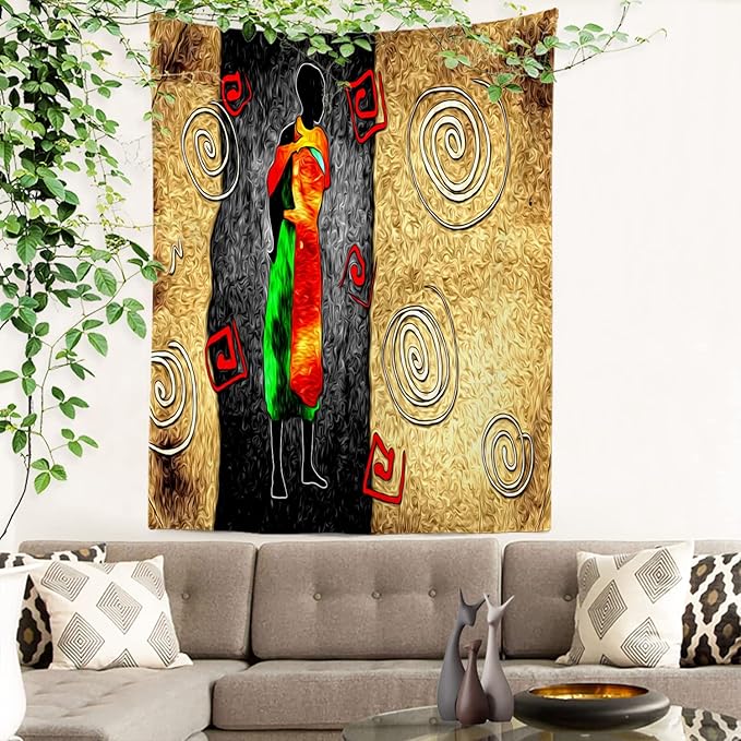 Batmerry African Ethnic Retro Tapestry,Vintage Motive Oil Landscape Fashion Wall Art Hanging Decoration Polyester Fiber White Ruffled Around for Dorm Room Bedroom Living Room, 59.1x51.2 inches