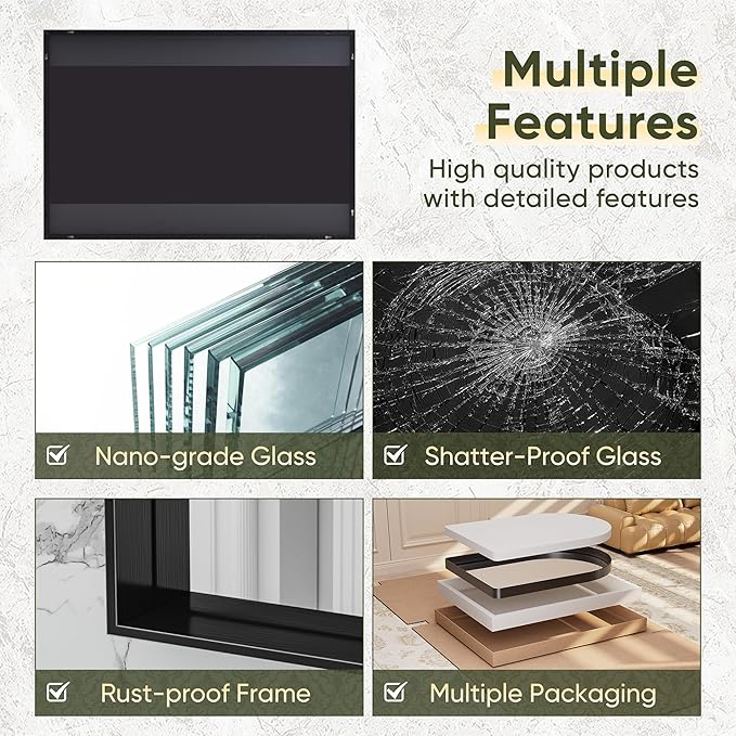 Suidia Bathroom Mirror, 55" x 36" Wall Mirror Metal Framed, Bathroom Vanity Mirror for Living Room Bedroom Bathroom Entryway, Black, Rect Corner Style