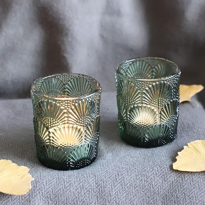 Woho Green Votive Candle Holders Set of 12, Green Glass Tealight Candle Holder for Wedding Party Table Centerpiece, Tea Lights Candle Holder Vintage for Fall Thanksgiving Christmas Decor