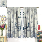 Nautical Anchor Curtains, Vintage Sailboat Ocean Coastal Lighthouse Window Drapes, Navy Blue Coral Shell Seahorse Beach Print Blackout Window Treatments for Living Room Bedroom 84x84in