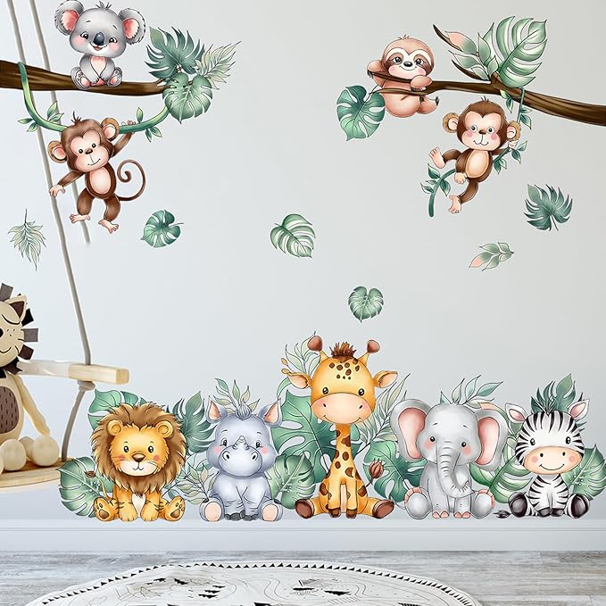Jungle Animal Wall Stickers Forest Safari Wall Decals Kid Room Nursery Baby Bedroom Décor (Animal Turtle Dorsal Leaves)