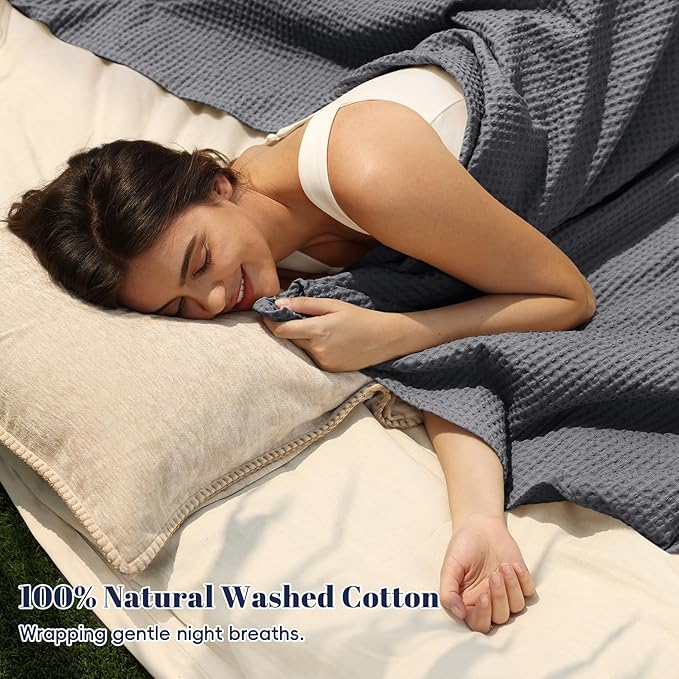 PHF 100% Cotton Waffle Weave Blanket Queen Size for Bed,Snag Proof Lightweight Breathable Moisture-wicking Throw for Couch,Great for Layering in Cold Weather,Machine Washable, Home Decor Gift-Charcoal