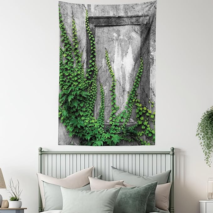 Ambesonne Mystic Tapestry, Ivy Plant on Wall Aged Antique Looking Picture Frame as a Window Creative Art, Wall Hanging for Bedroom Living Room Dorm Decor, 40" X 60", Green Grey