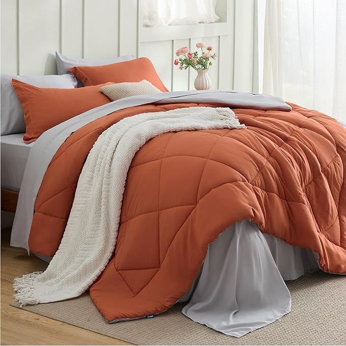 Bedsure Queen Comforter Set - 7 Pieces Reversible Burnt Orange Bedding, Queen Size Bed Set for All Seasons, Bed in a Bag with Down Alternative Comforter, Sheets, Pillowcases & Shams