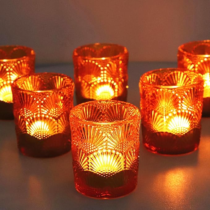 Woho 12Pcs Amber Votive Candle Holders, Glass Amber Candle Holder for Fall Wedding, Boho Tea Lights Candle Holder for Halloween Thanksgiving Centerpieces Table Decoration