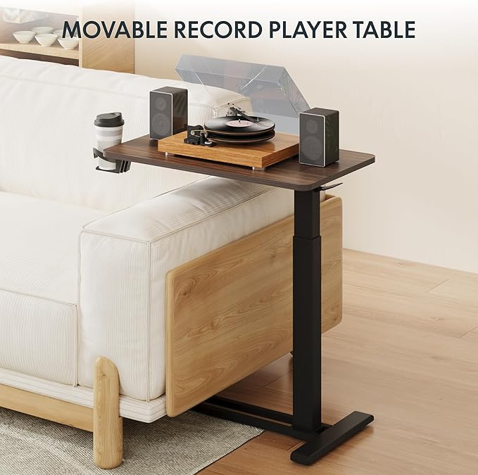 FLEXISPOT H7 Adjustable Overbed Bedside Table with Wheels Pneumatic Mobile Standing Desk Laptop Desk Rolling Computer Cart Movable Table Hospital Home Use(27.6" W x 15.7" D, Mahogany Table)