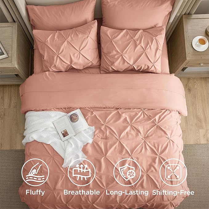 Bedsure Full Comforter Set Dusty Pink - Bed in a Bag Full Size Bedding Set 7 Pieces, GentleSoft™ Pintuck Bed Set Gift for Family, Pinch Pleat All Season Comforter with Sheets, Pillowcases & Shams