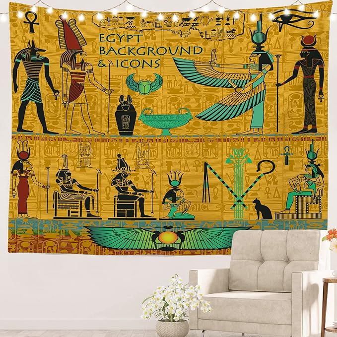 Batmerry Yellow Ancient Egyptian Tapestry, Horus Wall Art Hanging Decoration Polyester Fiber White Ruffled Around for Dorm Room Bedroom Living Room, 39.1x59.1 inches