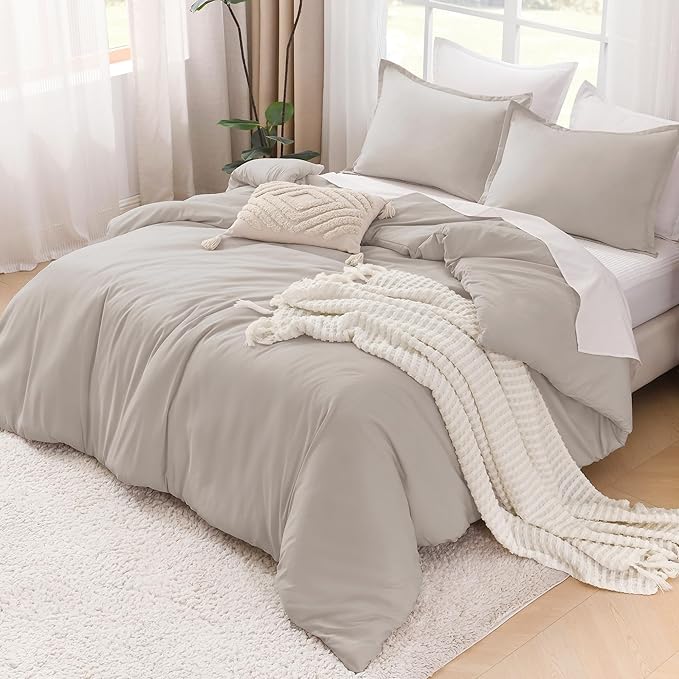 Litanika Linen Grey Comforter Set Queen Size, 3 Pieces Lightweight Solid Bedding Comforter Set, All Season Fluffy Bed Set (90x90In Comforter & 2 Pillowcases)